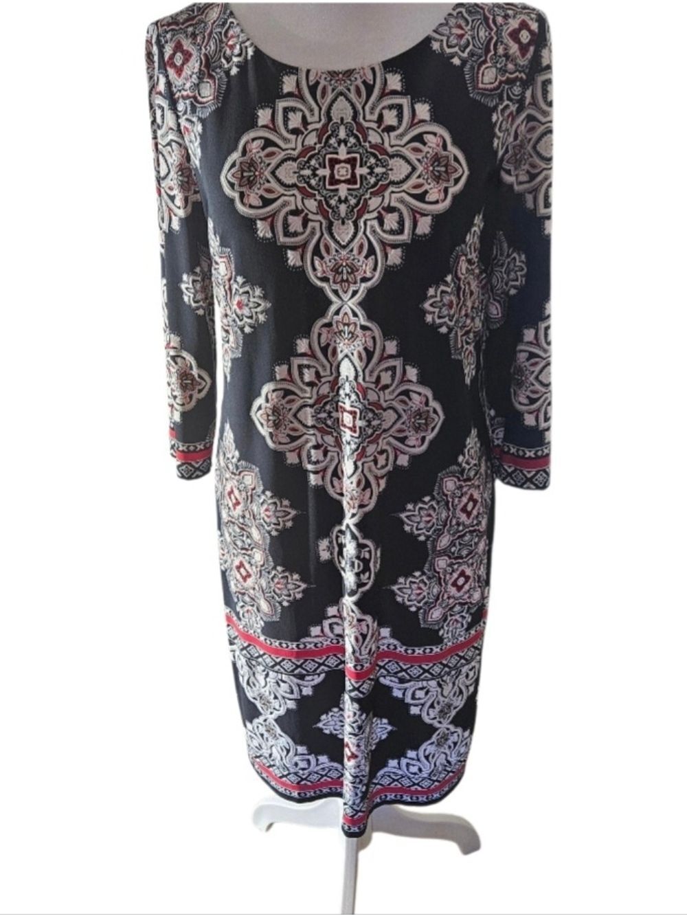 Studio One New York Black Red Cream 3/4 Sleeve Medallion Patterned Midi Dress - Picture 10 of 17